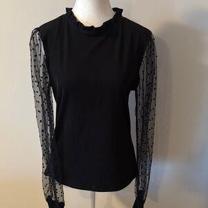 Blooming Jelly Black Polka Dot Sheer Long Sleeve Ruffle Neck Top. Size Medium